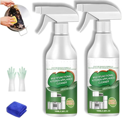 Multi-Purpose Enzyme Foam Cleaner Spray - Powerful Kitchen Appliance Degreaser for Range Hood, Oven & Countertop - Includes Streak-Free Cloth - 100ml (2Pcs)
