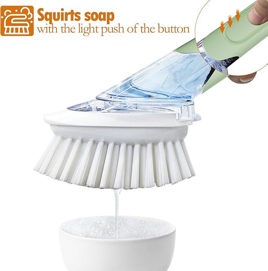 Soap Dispensing Replacement Dish Brush Storage Set with 2 PCS Brush Refills & Holder - RIMAY Dispenser Scrub Cleaning Scrubber Kitchen Dishwashing Dish Wand Handle for Dishes/Pans/Pots/Sink(Green)