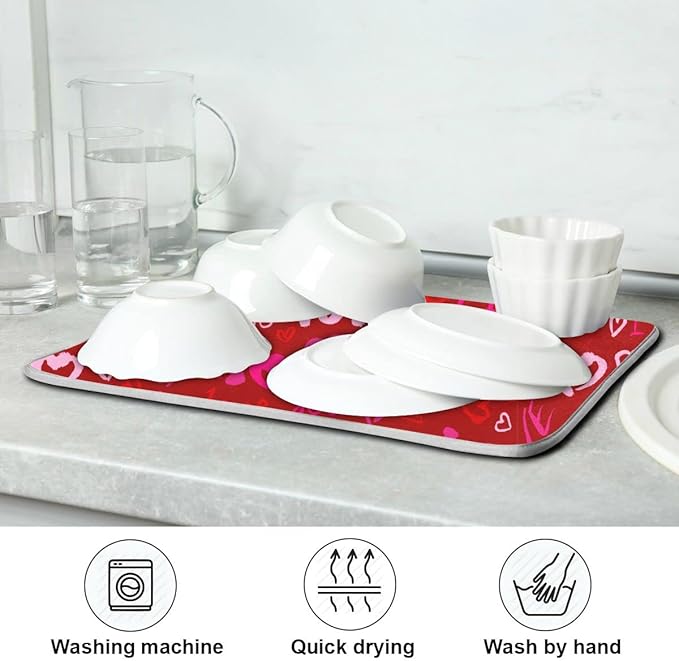 Happy Valentine's Day Dish Drying Mat for Kitchen Red Pink Heart Love Words Microfiber Drying Mats Absorbent Reversible Dish Pad Medium Dish Draining Mat 16x18 inch