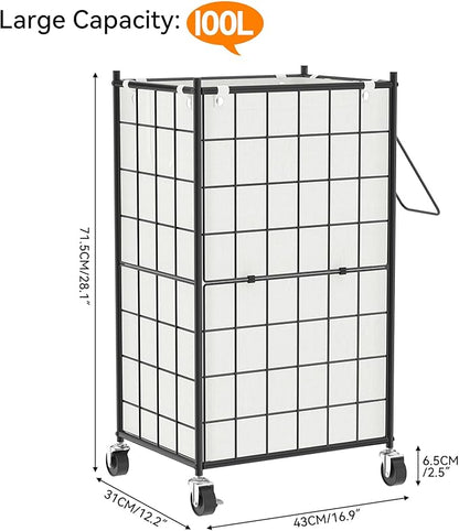 WOWLIVE Laundry Hamper with Wheels,Metal Wire Frame Rolling Laundry Basket with Removable bag,100L Dirty Clothes Hamper Organizer Dorm Room Storage for Bedroom,Bathroom,Black and White