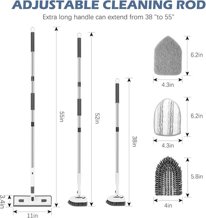 SetSail 4-in-1 Tile Tub Floor Scrubber with 52-inch Adjustable Long Handle Shower Cleaner Brush Comes with Window Scrubber and 3 Replacement Brush Heads for Cleaning Bathroom Tub Tile, White Grey