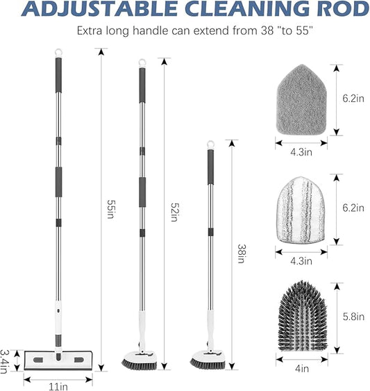 SetSail 4-in-1 Tile Tub Floor Scrubber with 52-inch Adjustable Long Handle Shower Cleaner Brush Comes with Window Scrubber and 3 Replacement Brush Heads for Cleaning Bathroom Tub Tile, White Grey