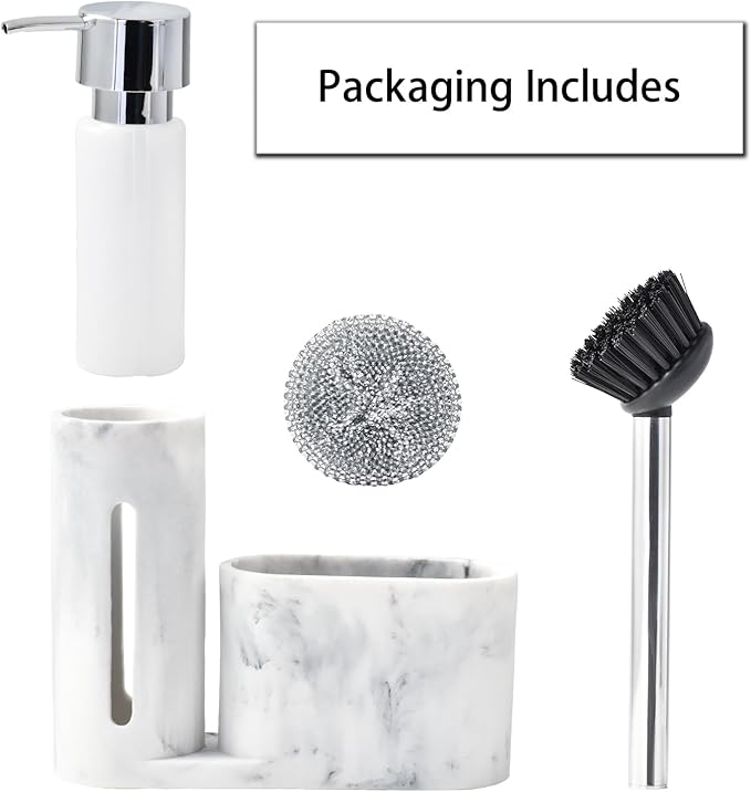 Soap Dispenser with Sponge Holder, Kitchen Soap Dispenser Pump, Sponge Caddy and Brush Holder 3 in 1 Set Organizer for Sink Countertop, Rustproof（White）