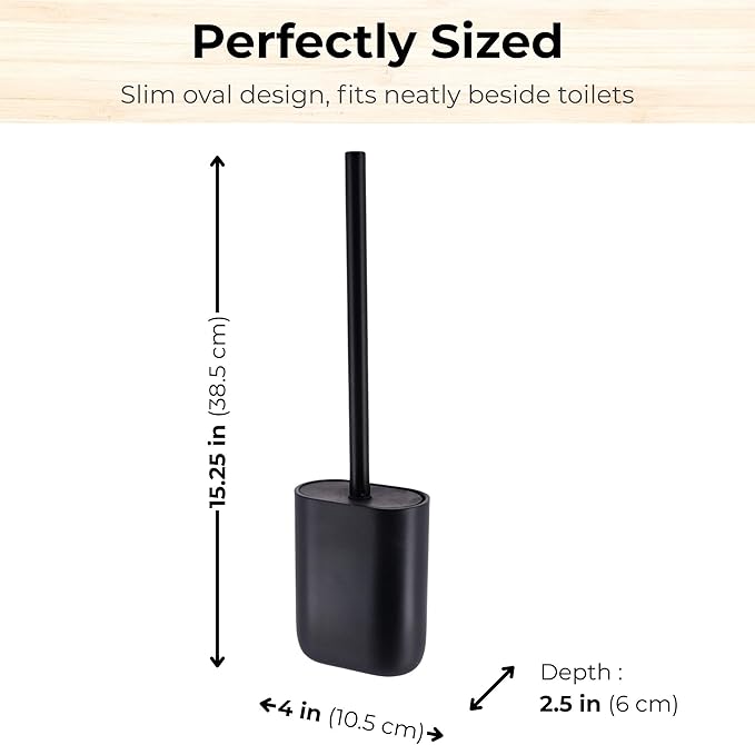Oval Black Toilet Brush and Holder Set - Minimalist Polyresin Base, Stainless Steel Handle, Silicone Head - Japandi Collection