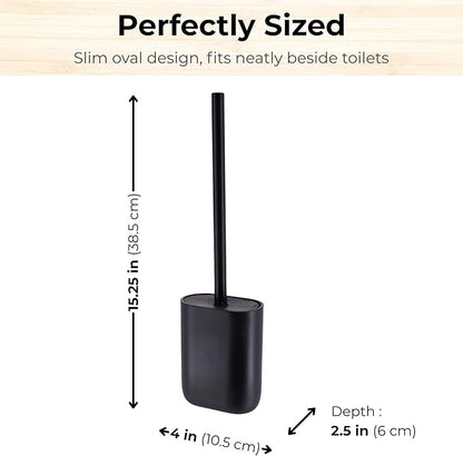 Oval Black Toilet Brush and Holder Set - Minimalist Polyresin Base, Stainless Steel Handle, Silicone Head - Japandi Collection