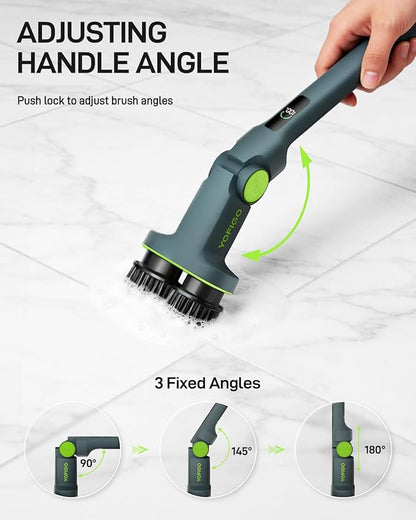 Electric Spin Scrubber, Cordless Power Scrubber with Dual Rotating Brush Heads, Adjustable Angle Handle 90°-180° 6 Replaceable Attachments, IPX7 Waterproof for Bathroom, Tile, Floor, Tub (C1 Plus)