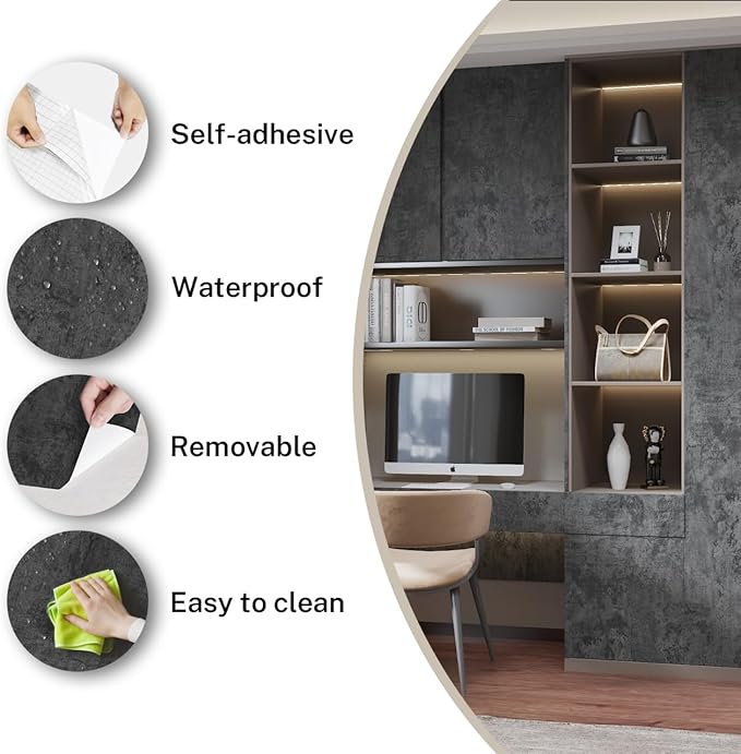 Grey Black Concrete Wallpaper Peel and Stick 24"x197" 3D Thick Dark Grey Concrete Cement Contact Paper Vinyl Matte Textured Waterproof Removable Adhesive Sticker for Bedroom Bathroom Walls