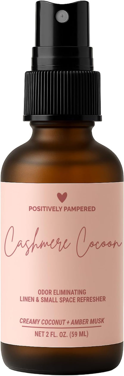 Cashmere Cocoon Luxury Small Space Air & Linen Freshener Spray - Creamy Coconut + Amber Musk - Artisan Blended Home Fragrance - Non Toxic Room Spray + Odor Eliminator - 2 oz Travel Size