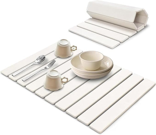 Large Stone Dish Drying Mat for Kitchen Counter, 24"(L)×16"(W), Collapsible Quick Drying Mat, Absorbent Eco-Friendly Diatomaceous Earth Mats for Dishes Bottles, Match Any Countertop - White