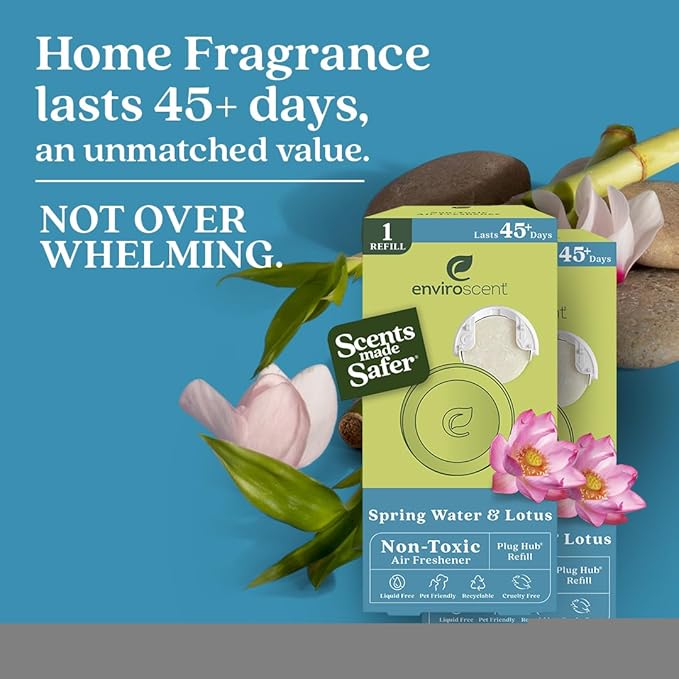 Enviroscent Non-Toxic Air Freshener Paper Refills - Compatible with Enviroscent Plug Hub® Warmer Kit - Home Fragrance Lasts Up to 90 Days - Spring Water & Lotus Scent (Pack of 2)