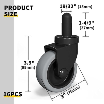 AAGUT Mop Bucket Casters Replacement 3" Set of 16 Swivel Bayonet Caster Non-Marking Thermoplastic Rubber Wheels Compatible with Rubbermaid Models& Wavebrake