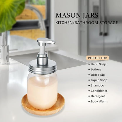 Amolliar Plastic Mason Jar Soap Dispenser with Pump Lid,16OZ Refillable BPA-Free Hand Soap Dispenser Set with Cute Lables, Farmhouse Decor for Kitchen Bathroom, Liquid Soap, Dish Soap (4 Pack, Silver)