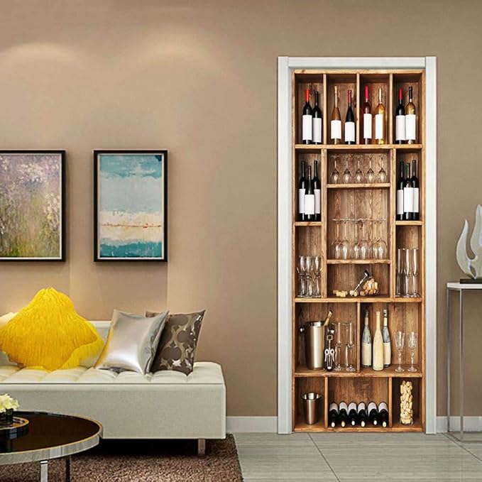 3D Door Wallpaper Self-Adhesive Sticker - Wine Cabinet Film Poster Premium PVC Waterproof Wall for Bedroom Living Room Decoration 90 x 200 cm