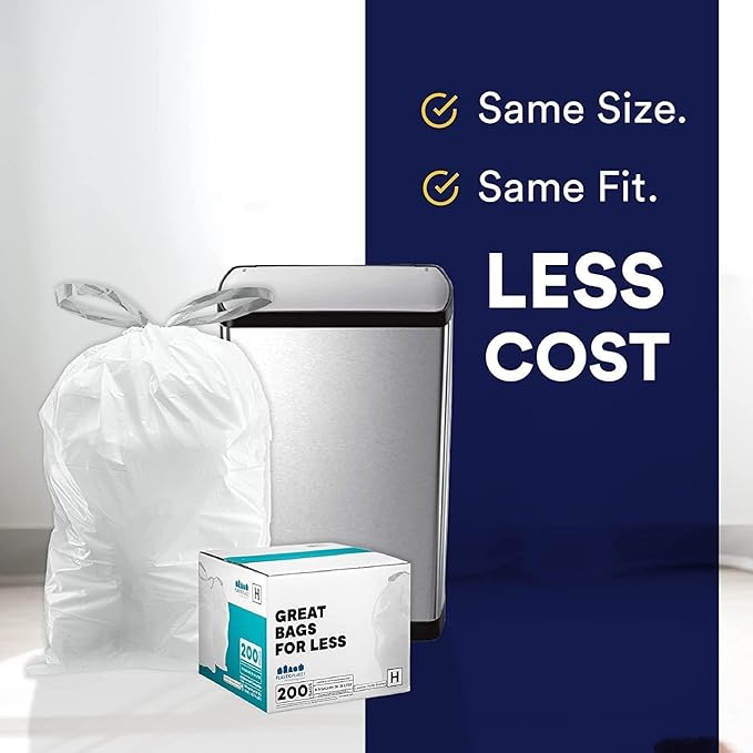 Plasticplace Custom Fit Trash Bags Compatible with simplehuman Code Q (200 Count) Drawstring Garbage Bags 13-17 Gallon White, Tear-Resistant Tall Kitchen Trash Bags for Garbage Cans Recycling 1.2 Mil