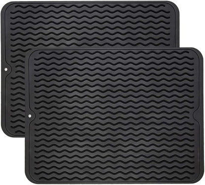 ZLR 2 Pcs Silicone Dish Drying Mat & Heat Resistant Trivet (12" x 16") - Waterproof Counter Protector for Coffee Maker - Non-Slip, BPA Free Kitchen Pad, Easy Clean Dishwasher Safe (Black)