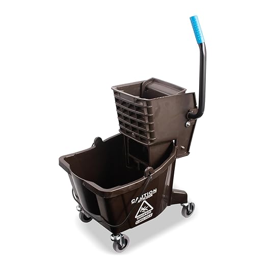 Carlisle FoodService Products 26-Quart Commercial Mop Bucket with Side-Press Wringer, Precision-Molded Polypropylene, Durable Wringer, Bucket with Non-Marking Casters, 18.5 x 16.5 x 23 Inches, Brown
