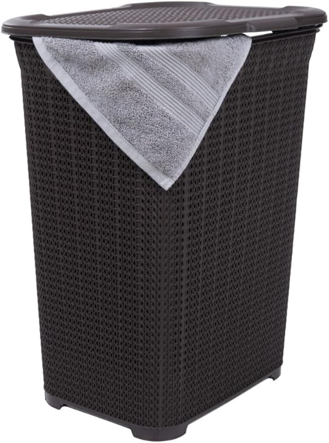 Plastic Laundry Hamper with Lid, Knit Designed Laundry Hamper Basket, 50 Liter Brown Cloths Hamper Organizer with Cut-out Handles. Space Saving for Laundry Room Bedroom Bathroom.