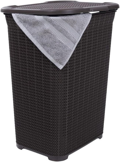 Plastic Laundry Hamper with Lid, Knit Designed Laundry Hamper Basket, 50 Liter Brown Cloths Hamper Organizer with Cut-out Handles. Space Saving for Laundry Room Bedroom Bathroom.