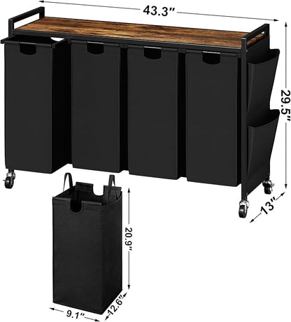 WOWLIVE 4-Compartment Laundry Hamper with Lid,Rolling Laundry Basket Organizer with Wheels, Iron-Made Laundry Sorter with Top Shelf and 4 Removable Bags,Large Clothes Storage for Room,Black
