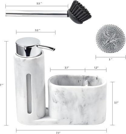 Soap Dispenser with Sponge Holder, Kitchen Soap Dispenser Pump, Sponge Caddy and Brush Holder 3 in 1 Set Organizer for Sink Countertop, Rustproof（White）