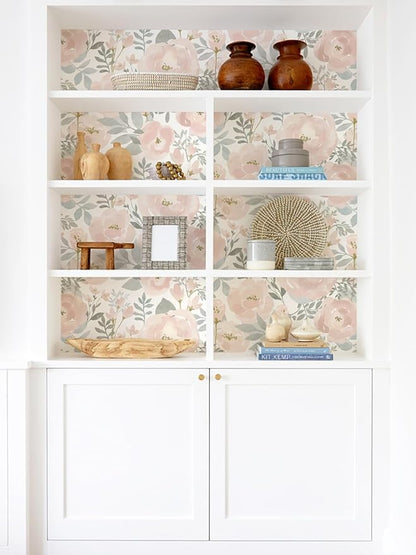 Orainege Peel and Stick Wallpaper Floral Wall Paper 17.3in x196.8in Floral Contact Paper Peony Self Adhesive Removable Wallpaper for Cabinets Walls Shelf Liner, Light Pink