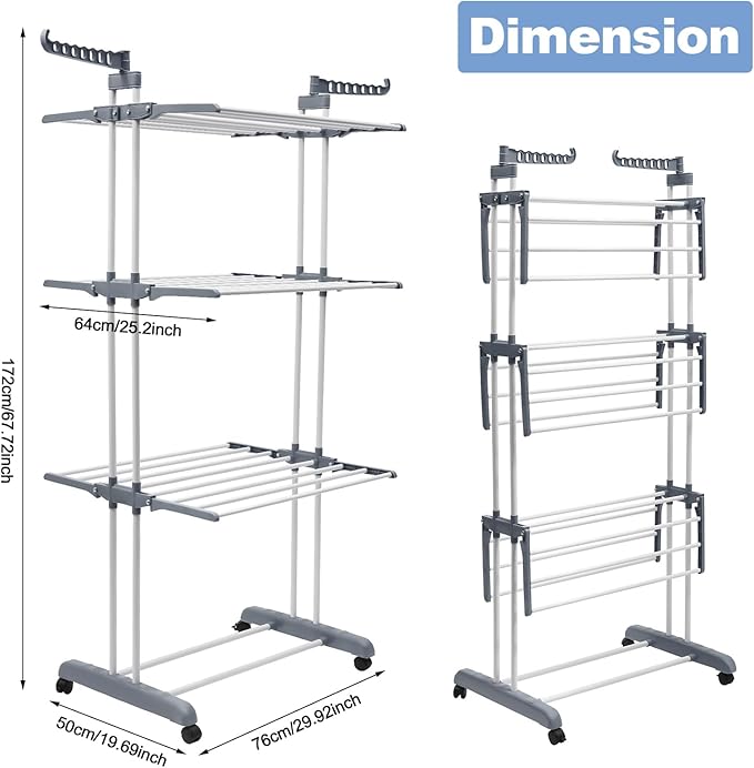 Foldable Clothes Drying Rack, 4 Tier Metal Clothes Rail with Wheels 7 Windproof Hooks Clothes Horses Rack Laundry Garment Dryer Stand with 2 Side Wings Indoor, Outdoor, Bedroom, Loft (Gray)