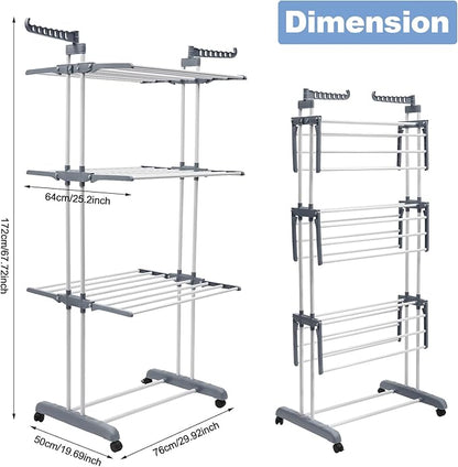 Foldable Clothes Drying Rack, 4 Tier Metal Clothes Rail with Wheels 7 Windproof Hooks Clothes Horses Rack Laundry Garment Dryer Stand with 2 Side Wings Indoor, Outdoor, Bedroom, Loft (Gray)