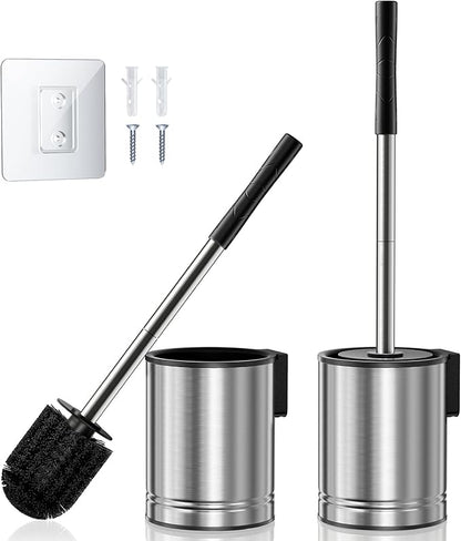 HAMITOR Toilet Brush and Holder Set: 2 Pack Stainless Steel Rustproof Kits with Deep Cleaning Bristles - Hidden Toilet Cleaner Scrubber for Homeowners - Compact Bathroom Accessories for Home RV Silver
