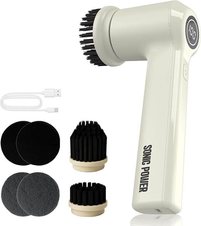 Electric Spin Scrubber – Handheld & Ergonomic, IPX7 Waterproof, 4 Multi-Purpose Brush Heads, Long-Lasting Rechargeable Battery – Cleans Dishes, Bathroom, Tile, Grout & Kitchen (Beige)