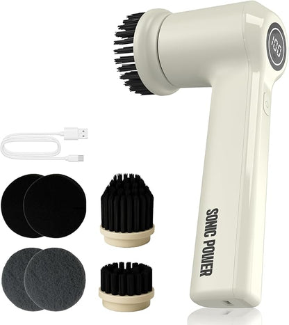 Electric Spin Scrubber – Handheld & Ergonomic, IPX7 Waterproof, 4 Multi-Purpose Brush Heads, Long-Lasting Rechargeable Battery – Cleans Dishes, Bathroom, Tile, Grout & Kitchen (Beige)