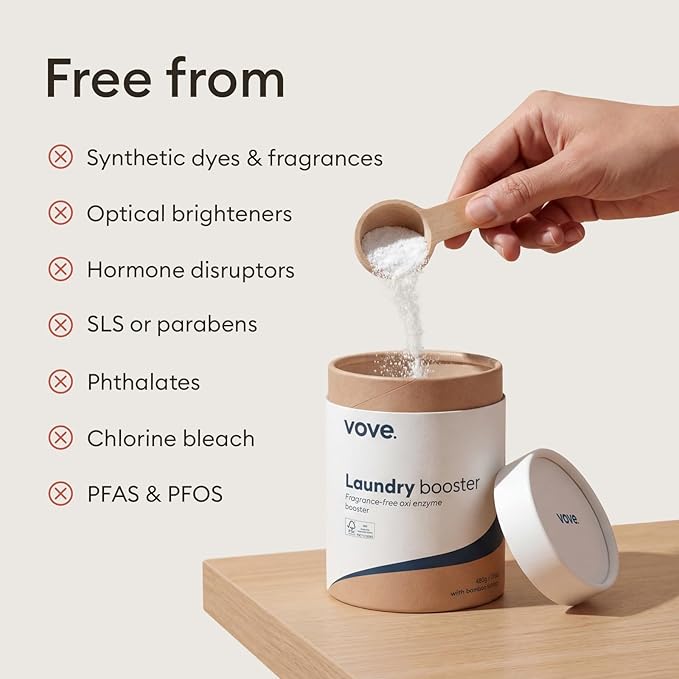 Vove Bio Enzyme Laundry Booster - 80 Loads 6x Enzyme Oxygen Stain Remover Powder - Fragrance Free for Sensitive Skin - Power Cleaner for Blood, Grass, Food, Pet Odors - FSC Wood Scoop