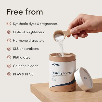 Vove Bio Enzyme Laundry Booster - 80 Loads 6x Enzyme Oxygen Stain Remover Powder - Fragrance Free for Sensitive Skin - Power Cleaner for Blood, Grass, Food, Pet Odors - FSC Wood Scoop