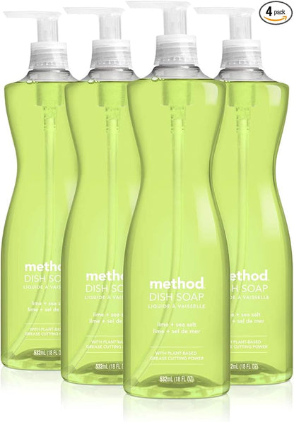 Method Gel Dish Soap, Lime + Sea Salt, Tough on Grease, 18 Fl Oz (Pack of 4)