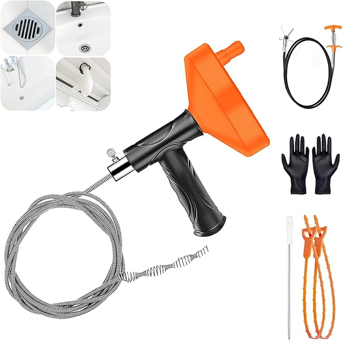 Drain Snake Auger (33 Feet), Plumbing Snake Drain Hair Clog Removal Tool, Sink Unclogger Drain Cleaner Tool for Bathroom Kitchen Tub Shower with Gloves
