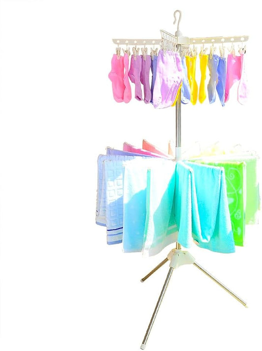 BAOYOUNI Foldable Clothes Drying Rack 2-Tier Indoor Outdoor Space Saving Stand Hanger with 24 Clips and 16 Towels Bars for Baby Clothes, Cloth Diapers, Socks, Bras, Towels, Underwear (Ivory)