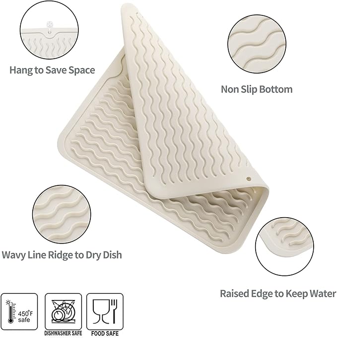MicoYang Silicone Dish Drying Mat for Multiple Usage,Easy clean,Eco-friendly,Heat-resistant Silicone Mat for Kitchen Counter or Sink,Refrigerator or Drawer liner Tapioca M 12 inches x 12 inches