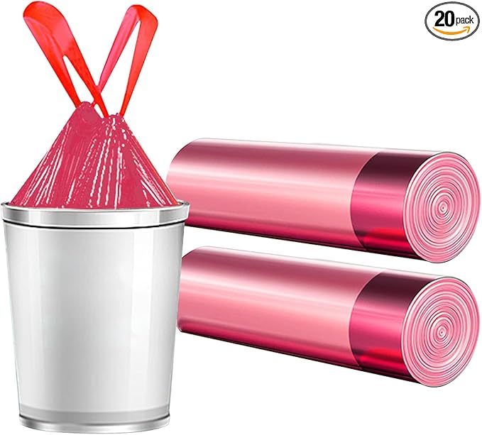 20 Count 4 Gallon Trash Bags Drawstring,Small Plastic Garbage Bags Unscented Thick for Bathroom,Kitchen,Office,Car,3-4 Gal mini Trash Bags For Small Can,20 Count red