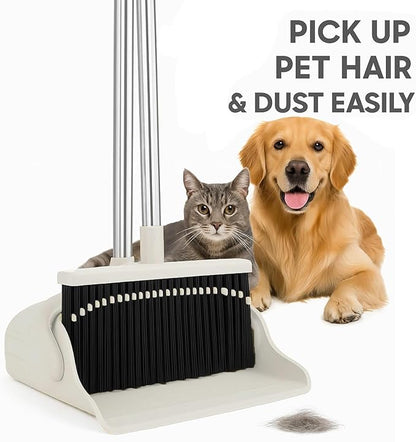 Broom and Dustpan Set for Home, Long Handle Upright Broom Dustpan Combo with Self Cleaning Dustpan Teeth, Standing Sweep Set for Kitchen Office Lobby Garage Floor Indoor Outdoor Cleaning