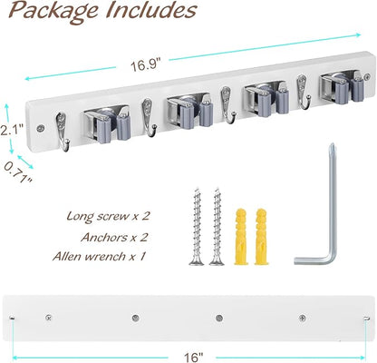 OUTNILI 2 Pack Mop Broom Holder Wall Mount - White Wood Broom Mop Hanger - Wall Mounted Garden Tool Rack Organizer for Closet Garage Laundry Room, 4 Slots & 4 Hooks