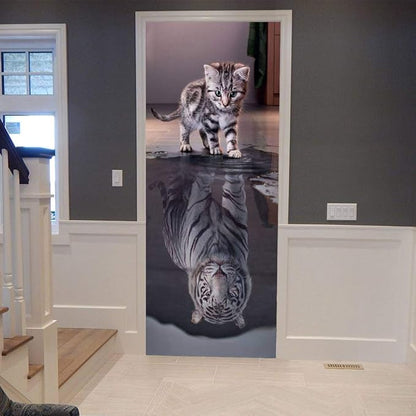 3D Cat to Tiger Transformation Door Sticker - Premium PVC, Matte Finish, White, Contemporary Style Peel & Stick, Waterproof, Removable 35.4" x 78.7" (2 Pieces) for Doors, Walls