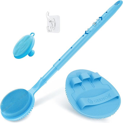 Silicone Back/Face Scrubber & Soft Bath Glove 3PCS, 16''- 24'' Extendable Shower Back Scrubber, 360° Anti-Slip & Hand-fit Silicone Body Scrubber, Manual Face Brush for All-Round Cleaning(Blue)