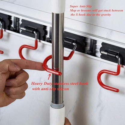 Wall Mounted Mop and Broom Holder, Stainless Steel, Red Black, 34 Inches, 8 Position Rack with 6 Hooks, S Type Organizer