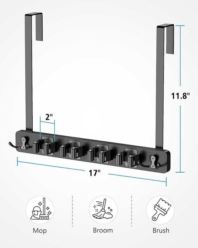 BS-VOG Over the Door Broom Holder, Mop and Broom Holder Door Mount, Hanging Organizer with 4 Racks & 2 Hooks, Wooden Hanger Storage Decor, Laundry Tool Organizer for Closet Garage, No Drills