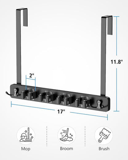 BS-VOG Over the Door Broom Holder, Mop and Broom Holder Door Mount, Hanging Organizer with 4 Racks & 2 Hooks, Wooden Hanger Storage Decor, Laundry Tool Organizer for Closet Garage, No Drills