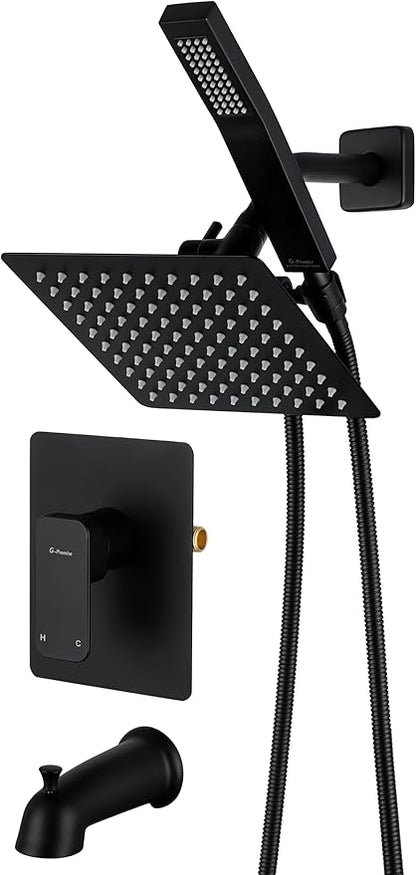 All Metal Shower Faucet Set, Dual Square Shower Head System with Handheld Wand, Diverter, Hose Complete Combo, Pressure Balance Rough-in Valve and Tub Spout Included (Matte Black)