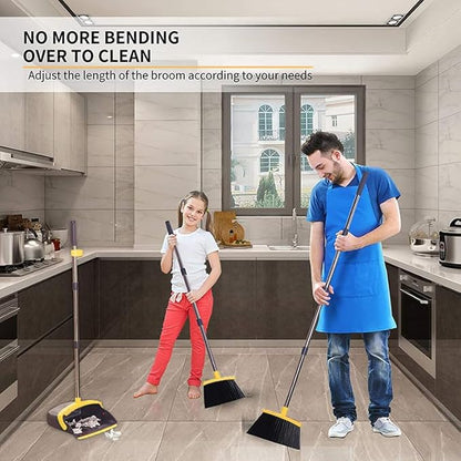 2-Pack is More economical,Brooms with Dustpan Combo Set， with 52" Long Handle, Dustpan Teeth with self-Cleaning Function, Indoor and Outdoor Sweeping, Perfect for Home Office (Large/Yellow/ 2-Pack)