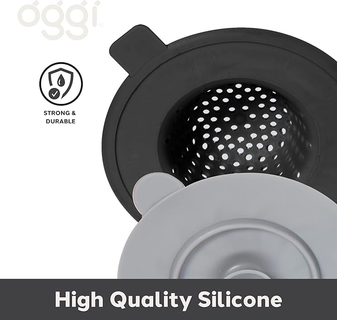 OGGI Silicone Sink Strainer & Stopper Set- Great Kitchen Sink Strainer, Silicone Drain Stopper, Sink Drain Strainer, Sink Plug 4.6˝ Diameter Rim, Black