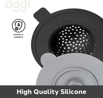 OGGI Silicone Sink Strainer & Stopper Set- Great Kitchen Sink Strainer, Silicone Drain Stopper, Sink Drain Strainer, Sink Plug 4.6˝ Diameter Rim, Black