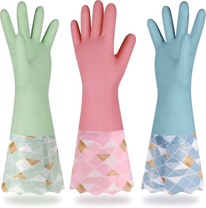 Yiomxhi Household Cleaning Gloves 3 Pairs Reusable Dishwashing Gloves Latex Free, Non-Slip Kitchen Glove with Cotton Lined, Waterproof Dish Washing Gloves