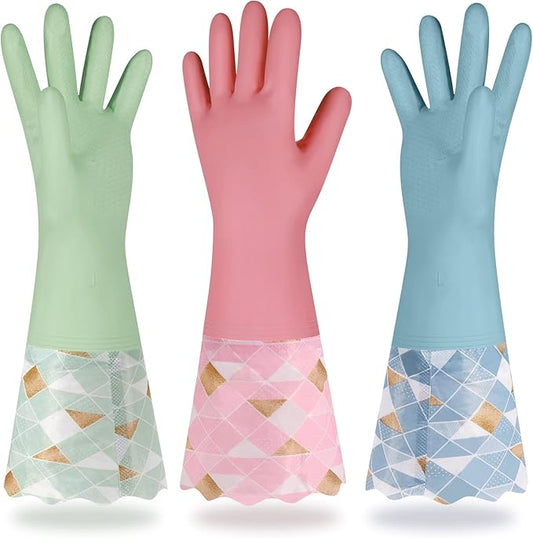 Yiomxhi Household Cleaning Gloves 3 Pairs Reusable Dishwashing Gloves Latex Free, Non-Slip Kitchen Glove with Cotton Lined, Waterproof Dish Washing Gloves